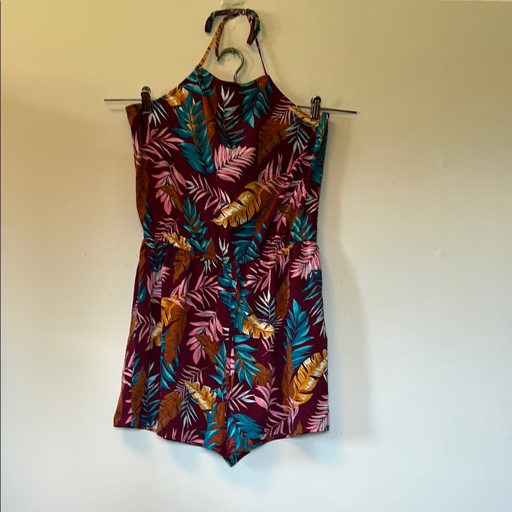Arizona Jean Co floral patterned elastic waist tie neck wide leg romper size Lge